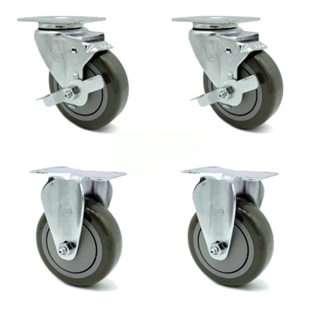 Service Caster 4 Inch Gray Polyurethane Wheel Swivel Top Plate Caster Set with 2 Brake 2 Rigid SCC-20S414-PPUB-TLB-TP2-2-R-2